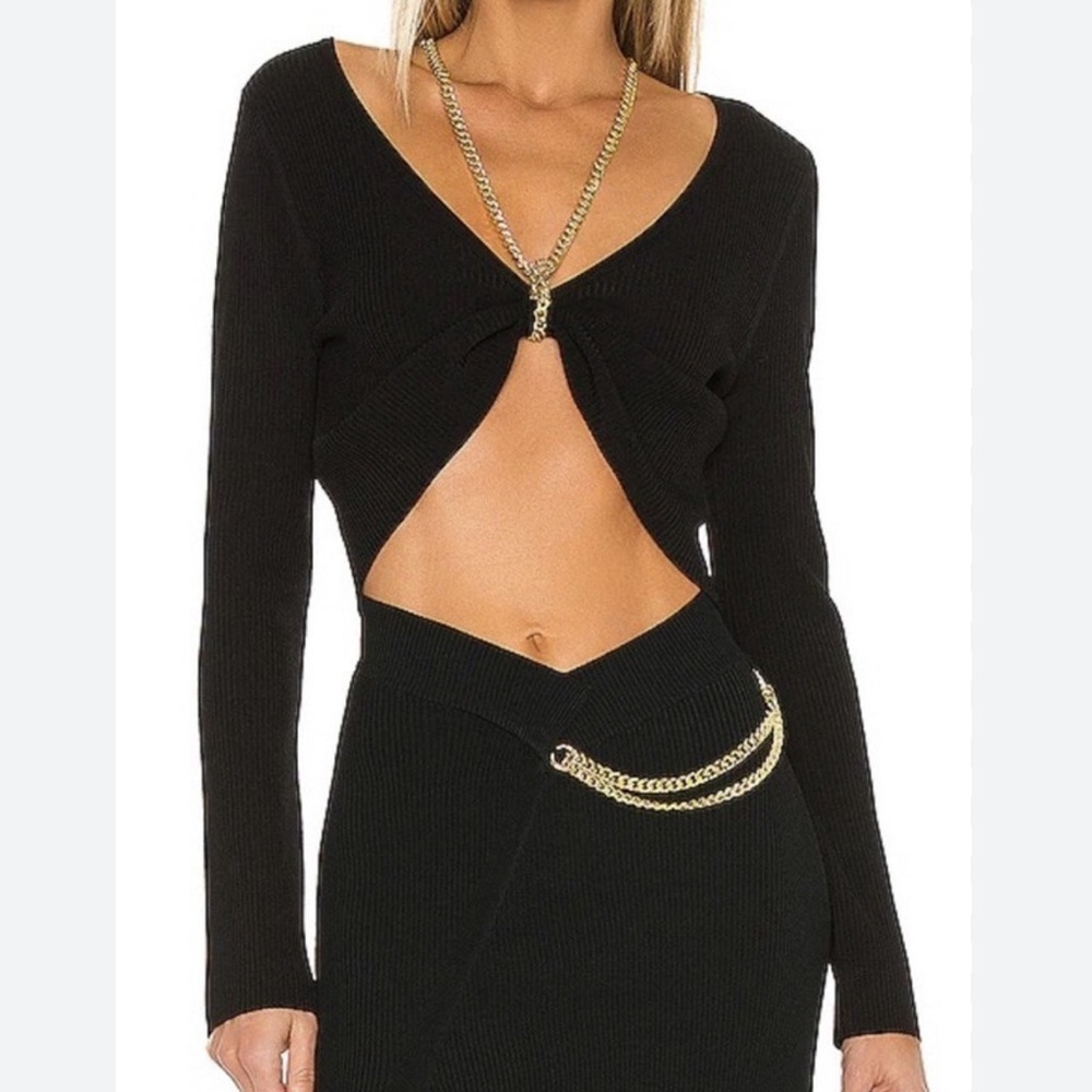NICHOLAS black rib knit v neck gold chain detail cropped long sleeve top Medium